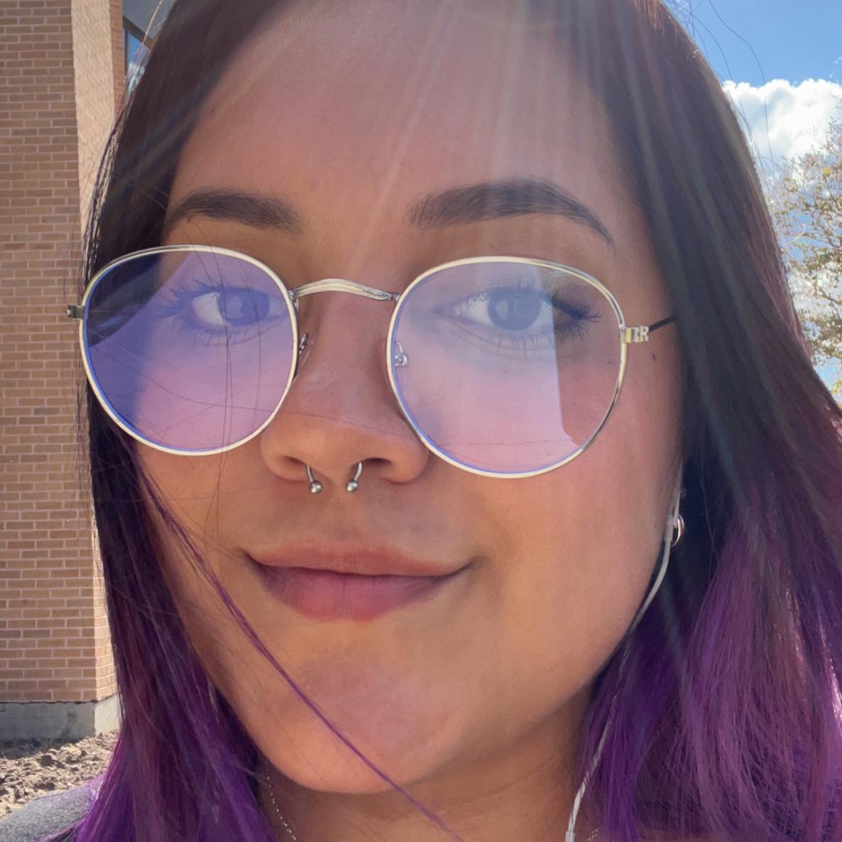 Person with brown and purple hair and glasses with septum piercing.