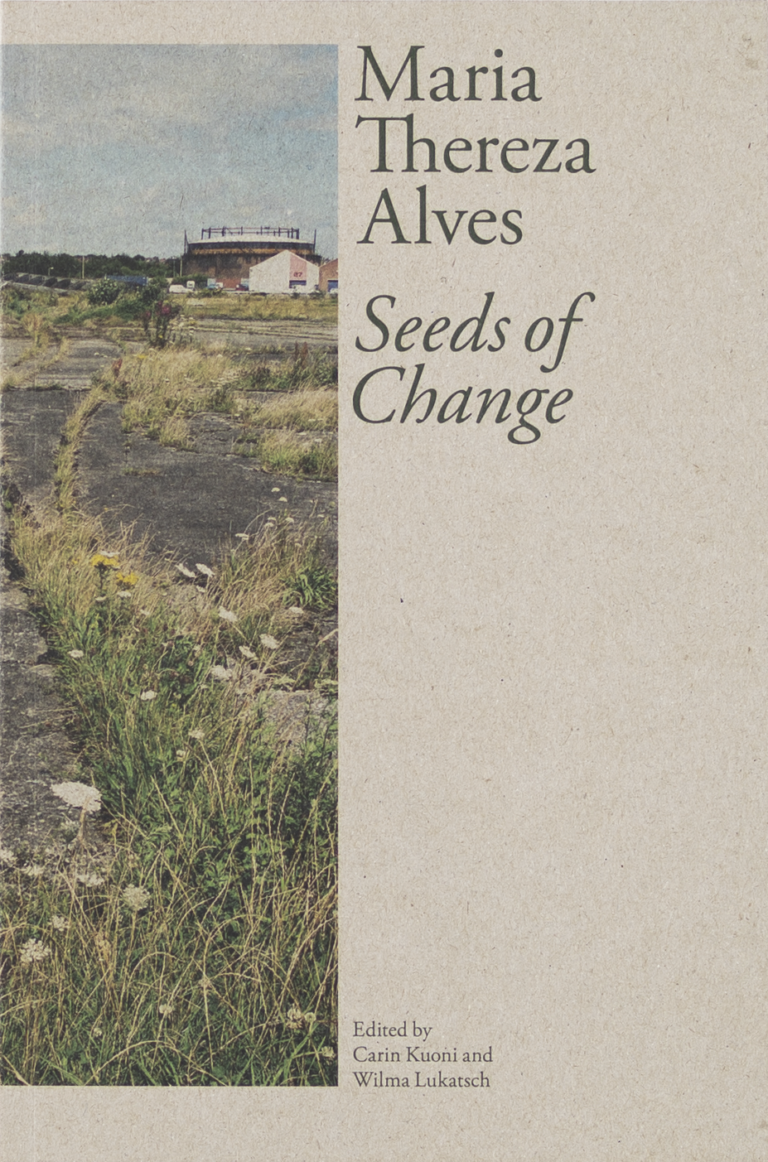 Maria Thereza Alves: Seeds of Change. Edited by Carin Kuoni and Wilma Lukatch. Published by Amherst College Press and the Vera List Center for Art and Politics, The New School, 2023. Designed by Common Name. 216 pages. Photograph by Re'al Christian, courtesy the Vera List Center. Front cover: image from Seeds of Change: Liverpool, 2004, wraps around front and back cover. Dark green text on a light brown background reads: Maria Thereza Alves Seeds of Change Edited by Carin Kuoni and Wilma Lukatsch