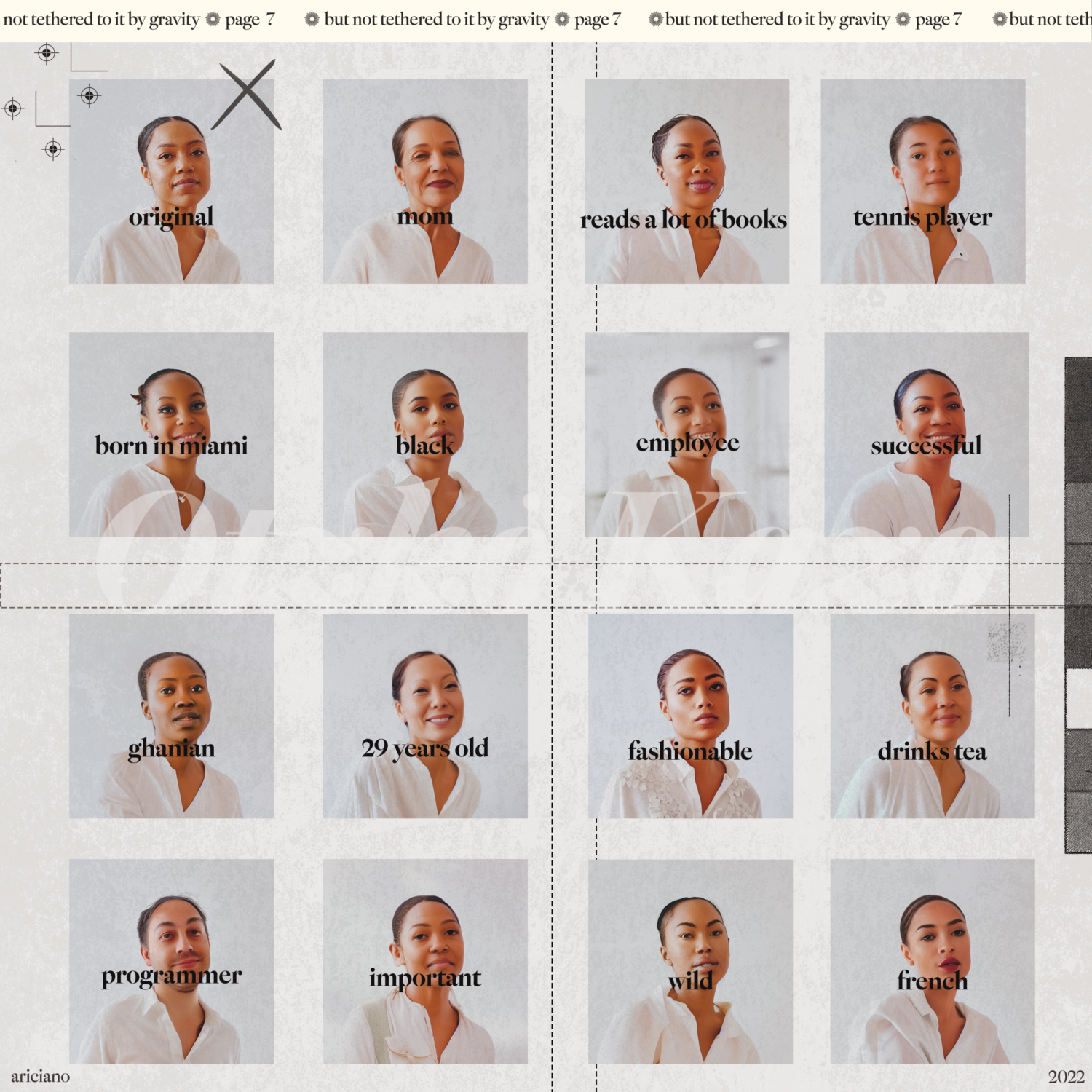 A grid of photographs of an Afro-Latinx woman with short black hair (artist Ari Melenciano) wearing a white shirt. Each photograph differs and has been manipulated using artificial intelligence. Text below each image identifies which physical traits have been changed.