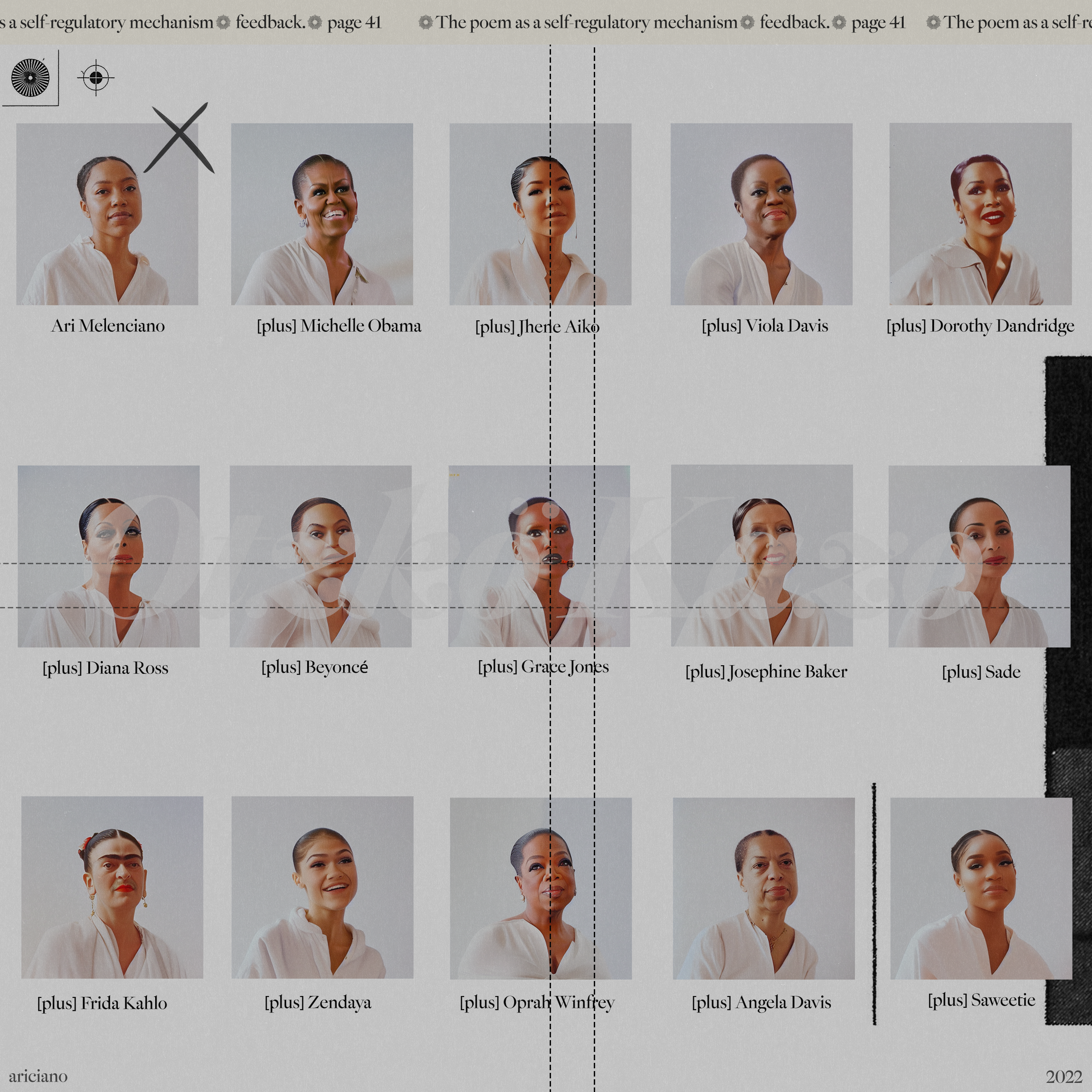 A grid of photographs of an Afro-Latinx woman with short black hair (artist Ari Melenciano) wearing a white shirt. Each photograph differs and has been manipulated using artificial intelligence. Text below each image identifies which physical traits have been changed.